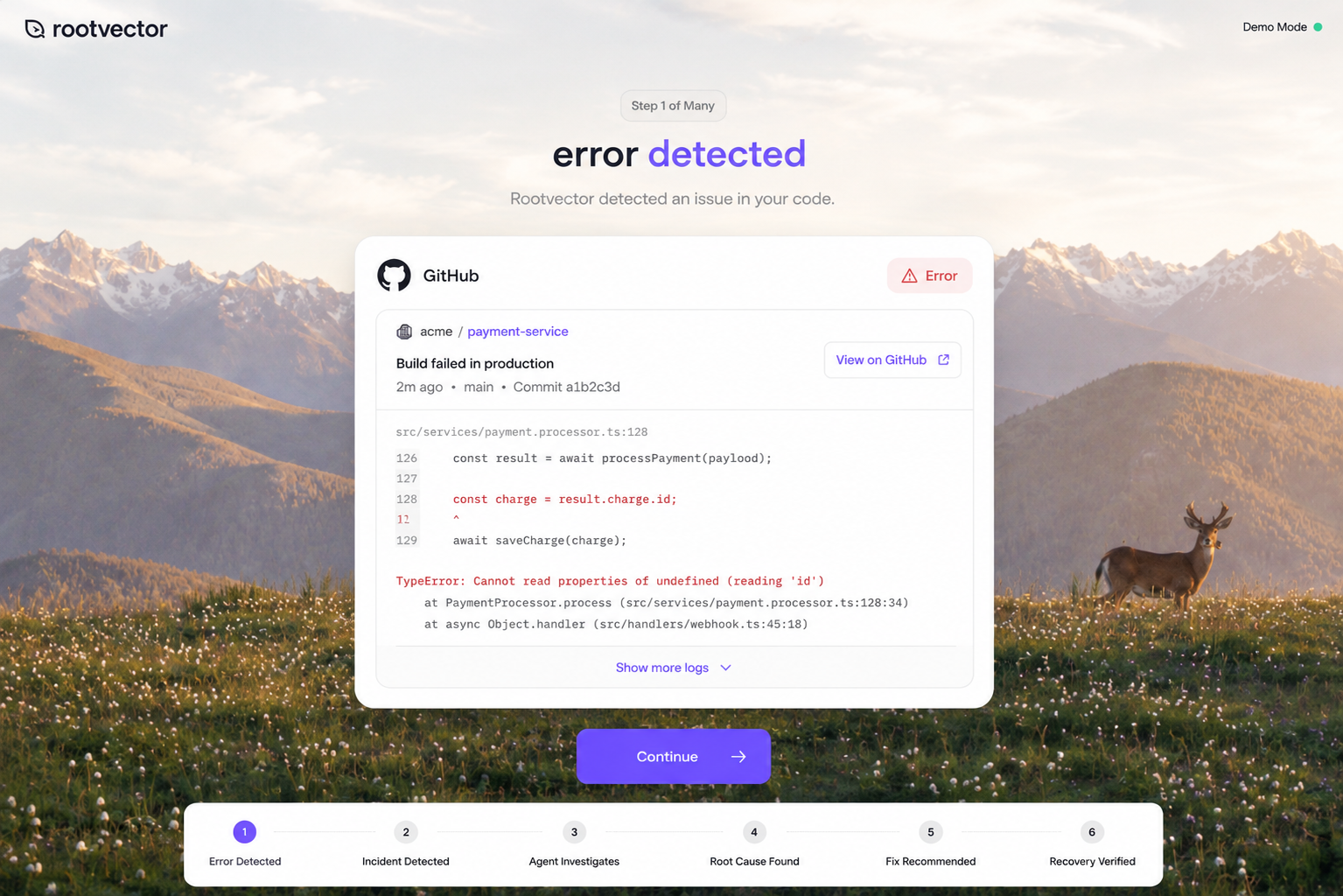 RootVector walkthrough, step 1: an error is detected in the payment-service GitHub build, showing the failing code line and the TypeError stack trace.