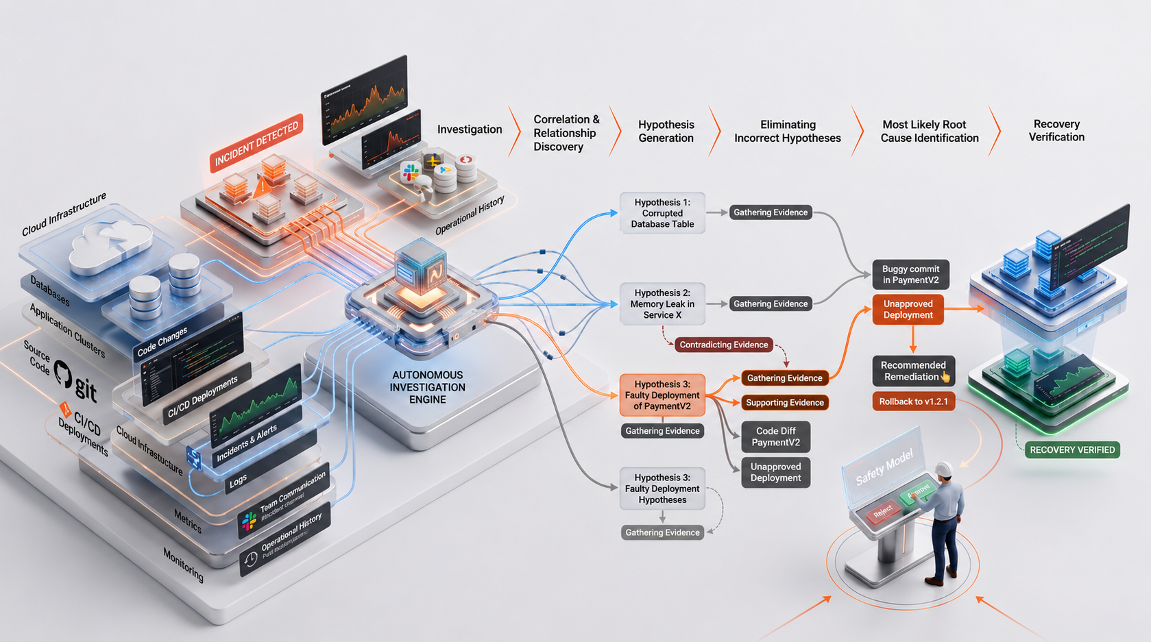 Diagram of the RootVector investigation flow: data sources — cloud infrastructure, databases, application clusters, source code, CI/CD deployments, logs, metrics and monitoring — feed the Autonomous Investigation Engine, which generates competing hypotheses, gathers supporting and contradicting evidence, eliminates incorrect ones, identifies the most likely root cause, recommends a remediation such as a rollback, waits for human approval at the Safety Model, and verifies recovery.